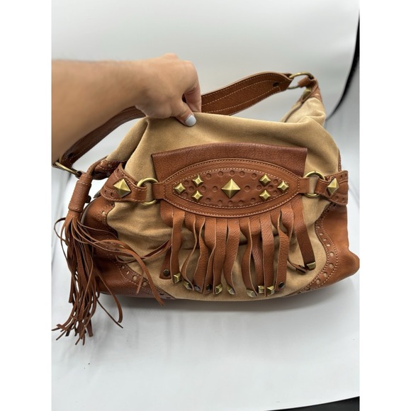 Michael Kors Western Style Shoulder Bag Brown Beige Fringe Boho Suede Dustbag - Picture 1 of 13